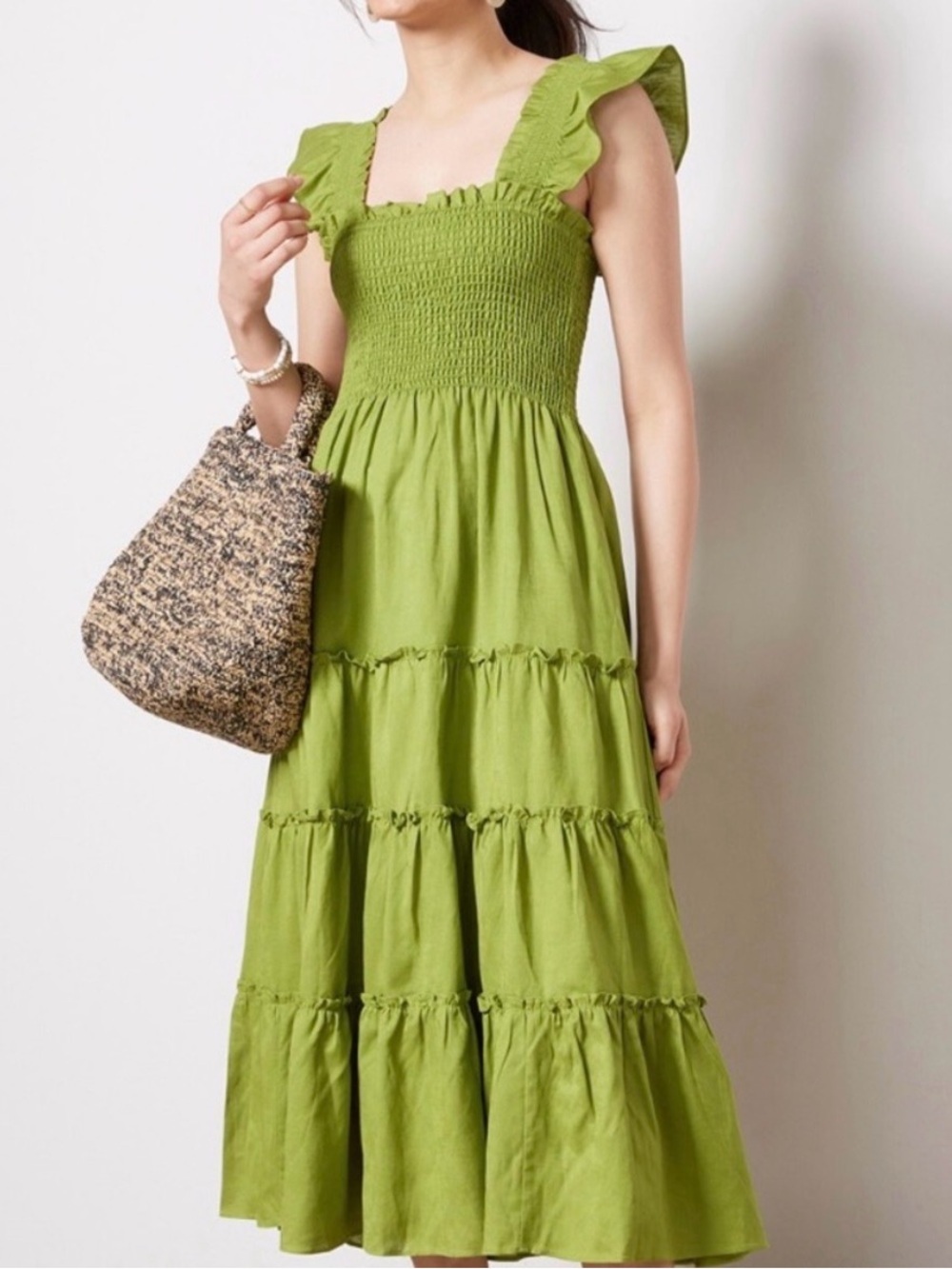 O.P.T. Calypso green tiered ruffle smocked linen blend dress women’s XS - Picture 2 of 10